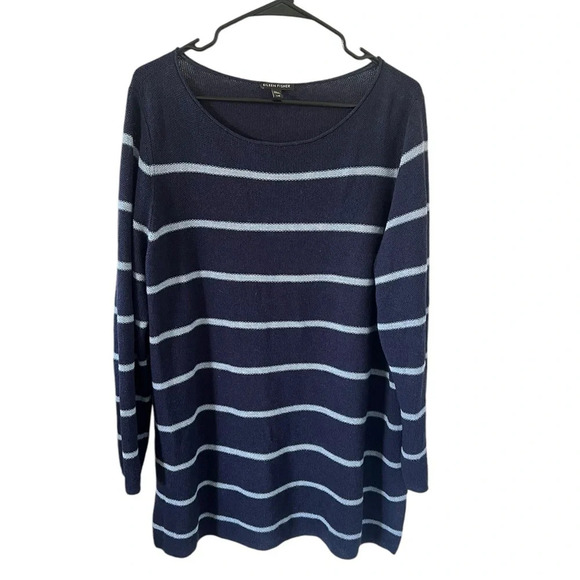 EILEEN FISHER Midnight Blue Striped Alpaca Blend Knit Sweater - Picture 3 of 9